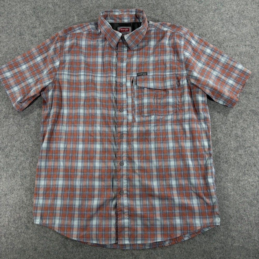 Wrangler Outdoor Series Mens Large Regular Fit Plaid Short Sleeve Shirt Orange